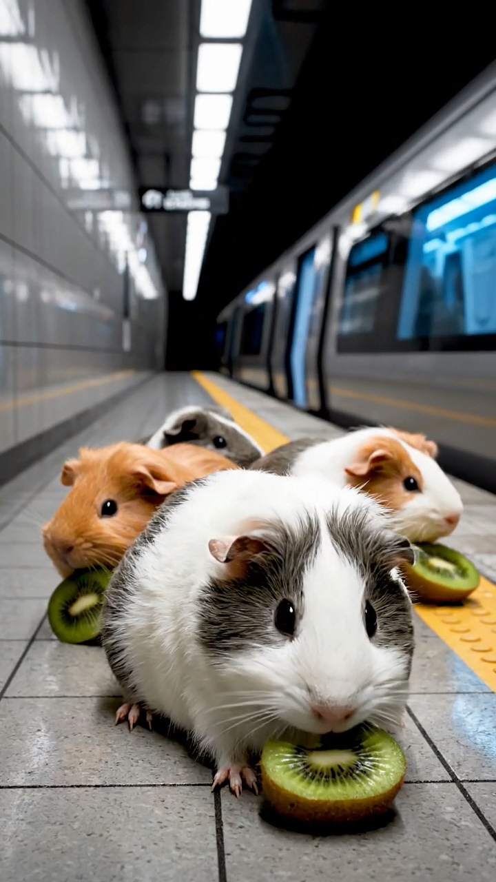 2114. Highly detailed view of 4 smooth haired Silkie guinea pigs with white. orange. and gray fur. nibbling on kiwi fruit. in a dimly lit subway station platform with tiled walls and arriving trains.