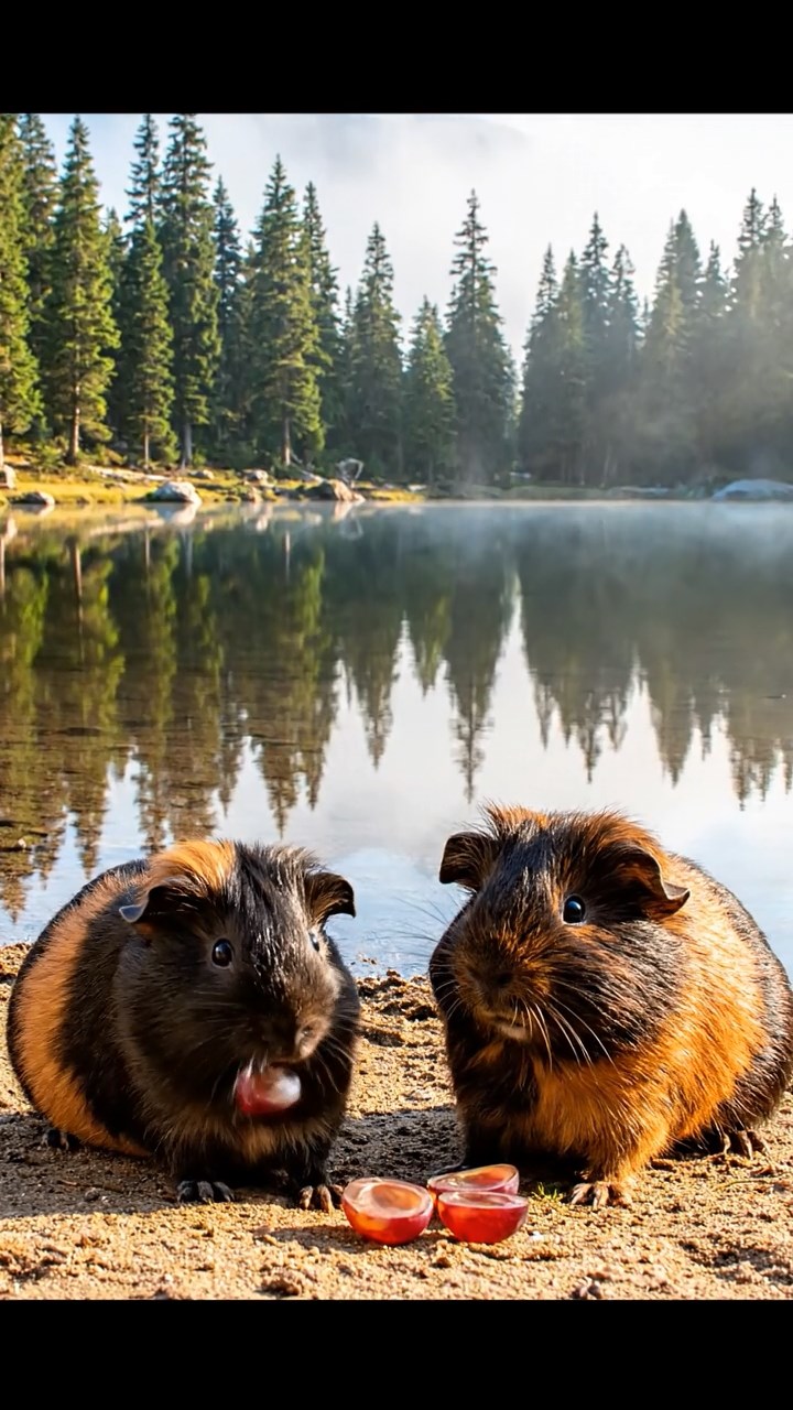 2115. Photorealistic image of 2 smooth haired Teddy guinea pigs in black and brown colors. enjoying grape halves. by a calm mountain lake shore with pine reflections and misty mornings.