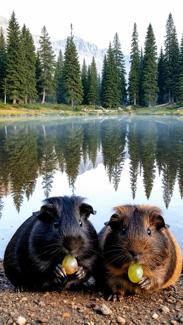 2115. Photorealistic image of 2 smooth haired Teddy guinea pigs in black and brown colors. enjoying grape halves. by a calm mountain lake shore with pine reflections and misty mornings.
