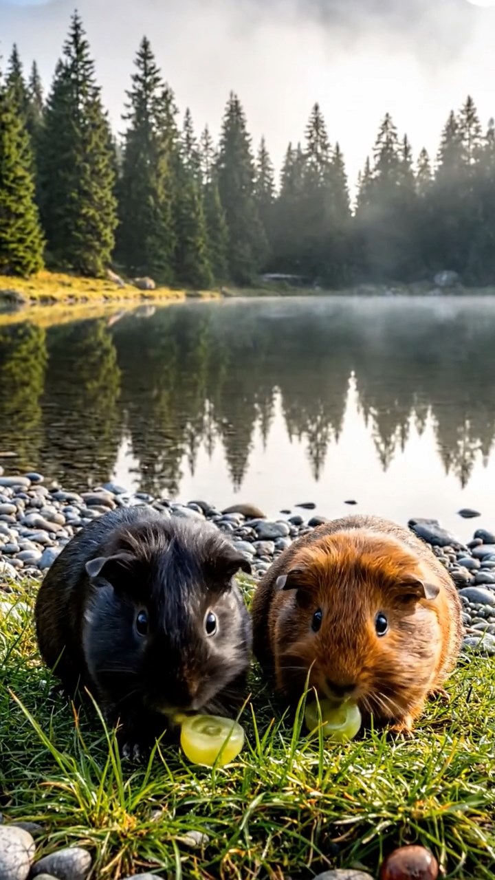 2115. Photorealistic image of 2 smooth haired Teddy guinea pigs in black and brown colors. enjoying grape halves. by a calm mountain lake shore with pine reflections and misty mornings.