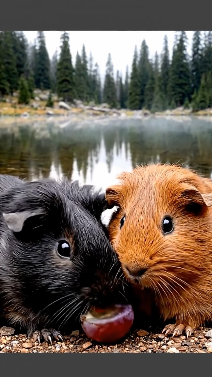 2115. Photorealistic image of 2 smooth haired Teddy guinea pigs in black and brown colors. enjoying grape halves. by a calm mountain lake shore with pine reflections and misty mornings.