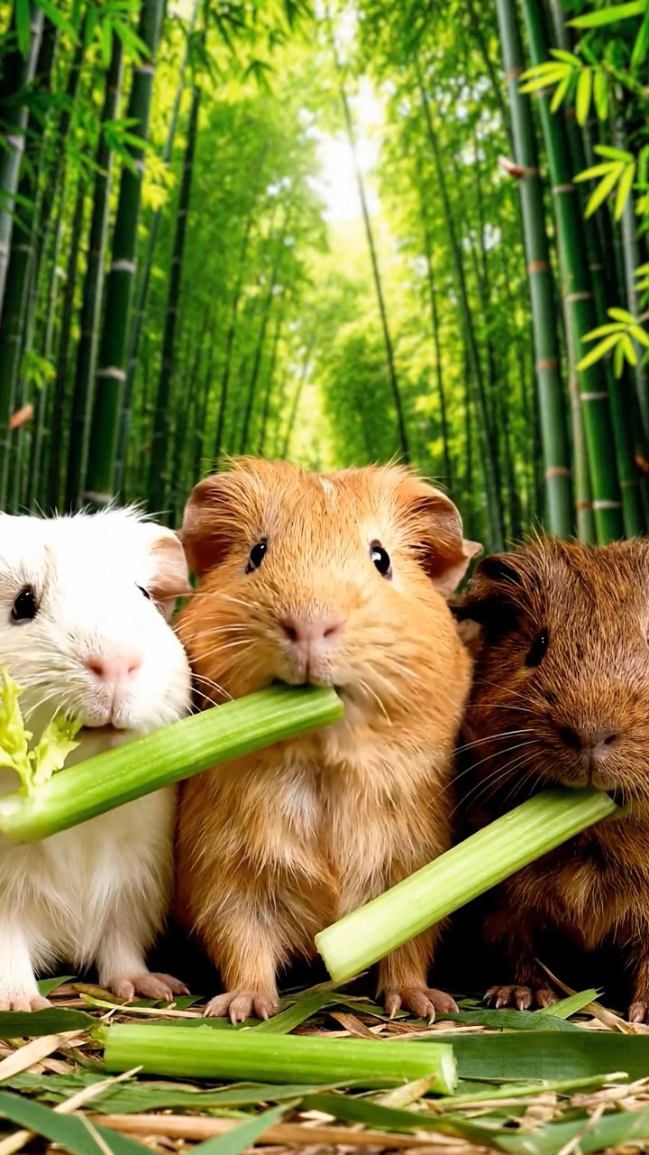 2116. Realistic depiction of 3 smooth haired Texel guinea pigs with cream. fawn. and chocolate fur. chewing on celery stalks. in a dense exotic bamboo grove with sunlight filtering through leaves.