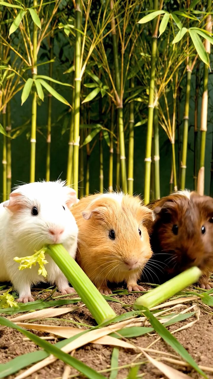 2116. Realistic depiction of 3 smooth haired Texel guinea pigs with cream. fawn. and chocolate fur. chewing on celery stalks. in a dense exotic bamboo grove with sunlight filtering through leaves.