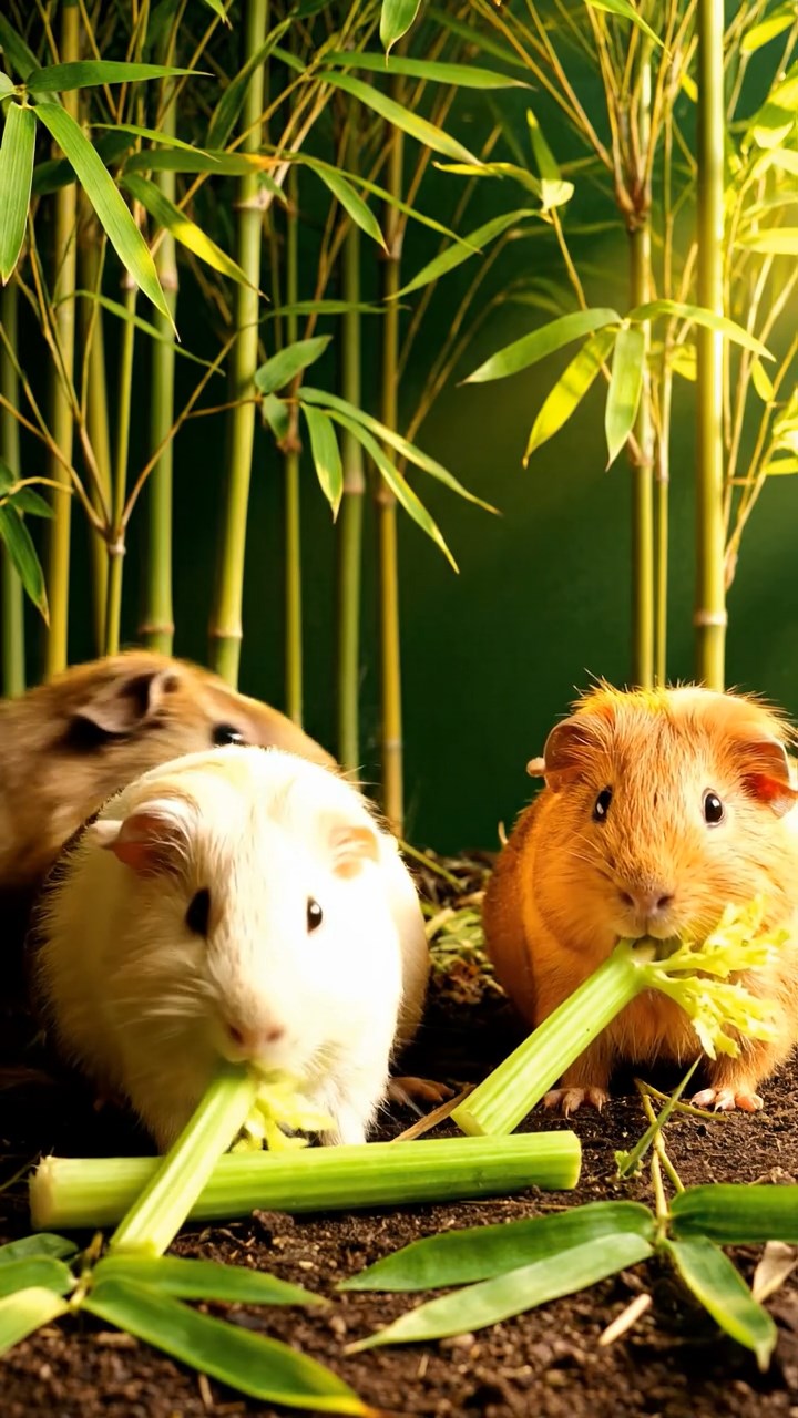 2116. Realistic depiction of 3 smooth haired Texel guinea pigs with cream. fawn. and chocolate fur. chewing on celery stalks. in a dense exotic bamboo grove with sunlight filtering through leaves.