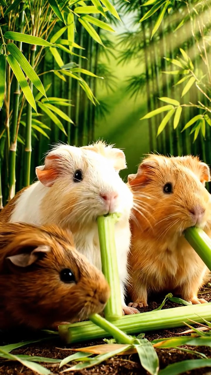 2116. Realistic depiction of 3 smooth haired Texel guinea pigs with cream. fawn. and chocolate fur. chewing on celery stalks. in a dense exotic bamboo grove with sunlight filtering through leaves.