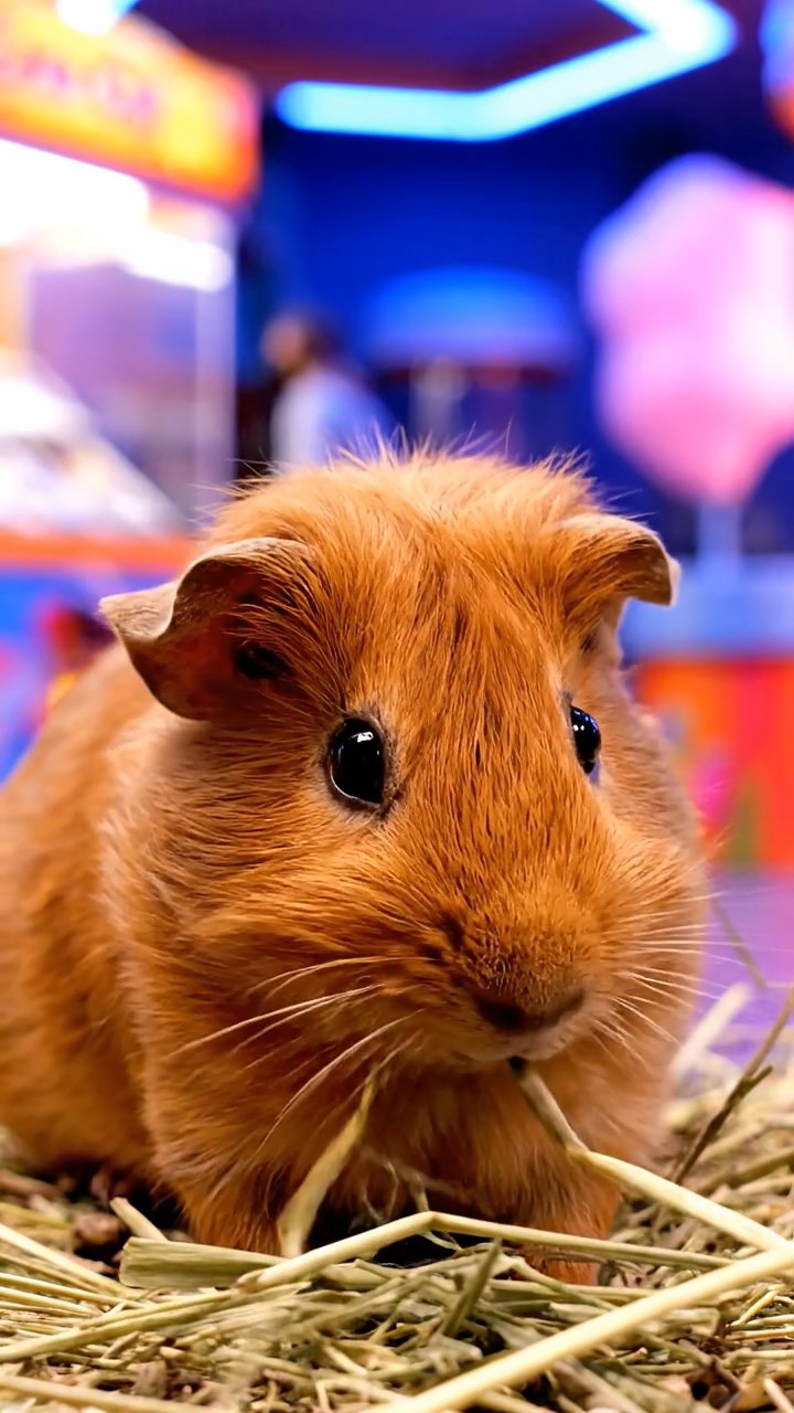 2117. Detailed scene of 1 smooth haired Rex guinea pig with cinnamon fur. munching on timothy hay. at a colorful fairground stall with game booths and cotton candy.