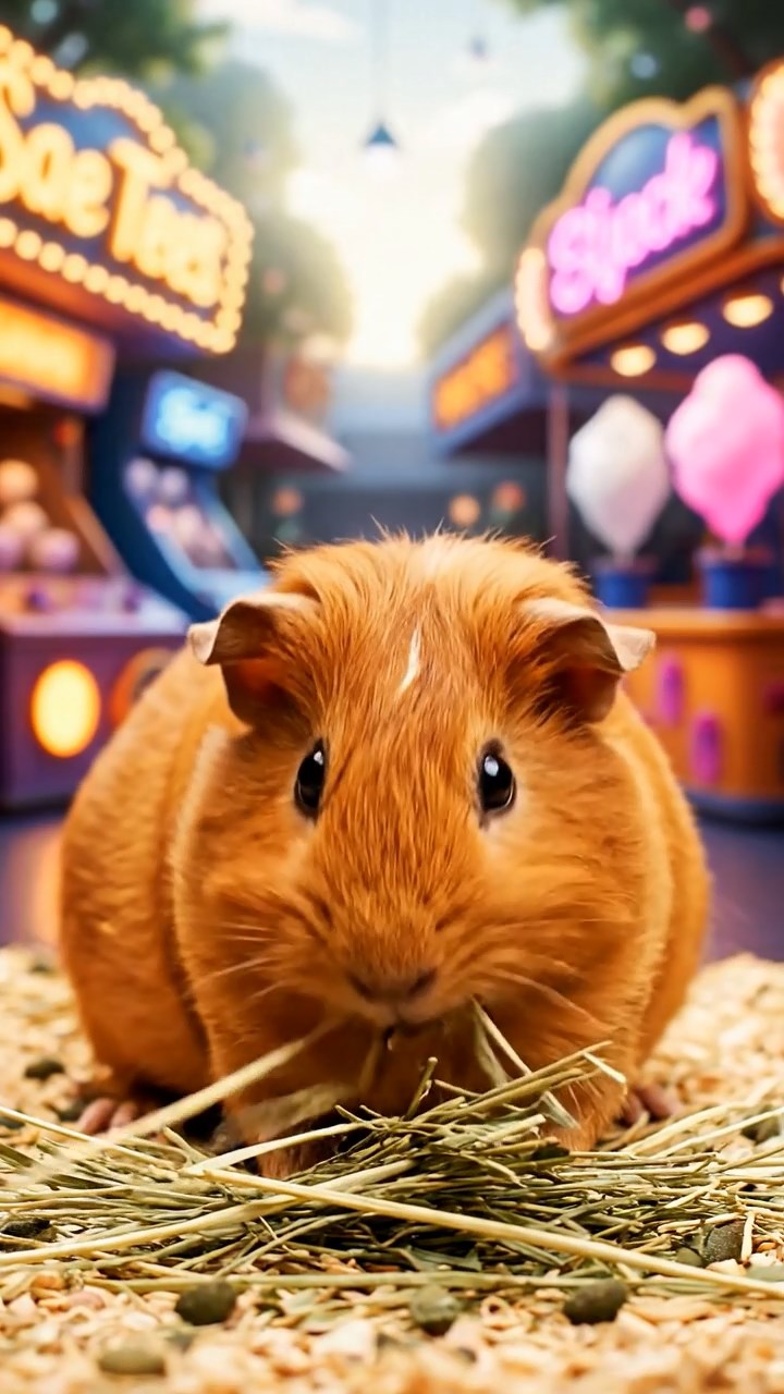 2117. Detailed scene of 1 smooth haired Rex guinea pig with cinnamon fur. munching on timothy hay. at a colorful fairground stall with game booths and cotton candy.