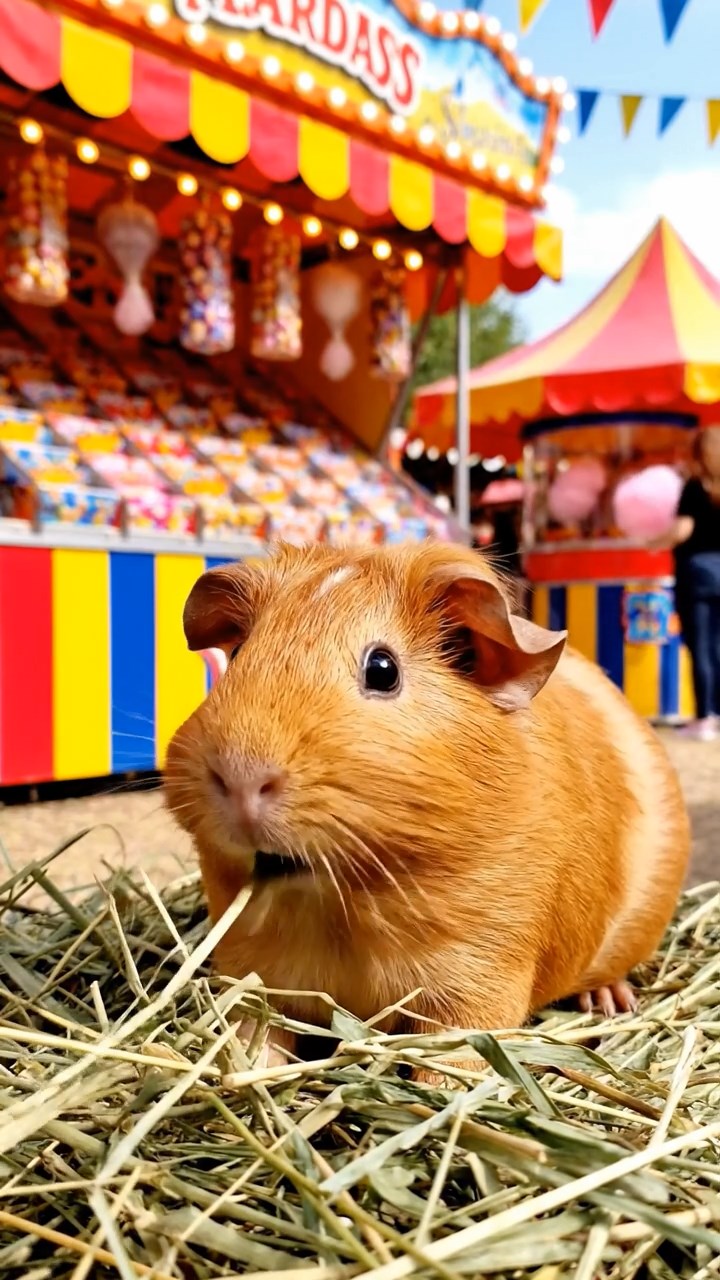 2117. Detailed scene of 1 smooth haired Rex guinea pig with cinnamon fur. munching on timothy hay. at a colorful fairground stall with game booths and cotton candy.