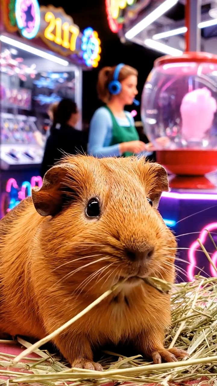 2117. Detailed scene of 1 smooth haired Rex guinea pig with cinnamon fur. munching on timothy hay. at a colorful fairground stall with game booths and cotton candy.