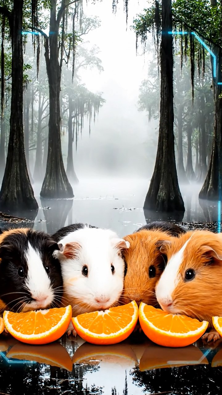 2118. Photorealistic photo of 5 smooth haired Coronet guinea pigs featuring sable. white. and orange coats. sharing orange segments. in a foggy southern bayou with twisted cypress trees.