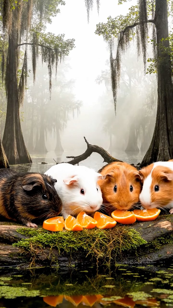 2118. Photorealistic photo of 5 smooth haired Coronet guinea pigs featuring sable. white. and orange coats. sharing orange segments. in a foggy southern bayou with twisted cypress trees.