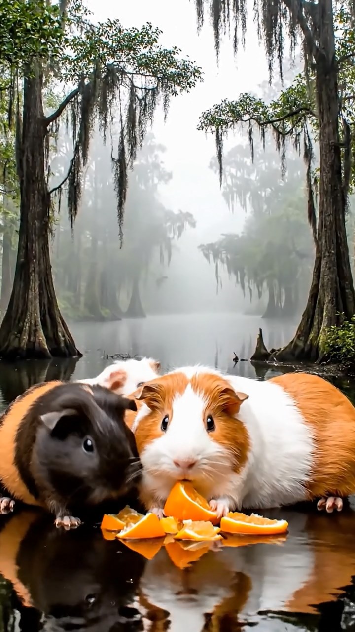2118. Photorealistic photo of 5 smooth haired Coronet guinea pigs featuring sable. white. and orange coats. sharing orange segments. in a foggy southern bayou with twisted cypress trees.