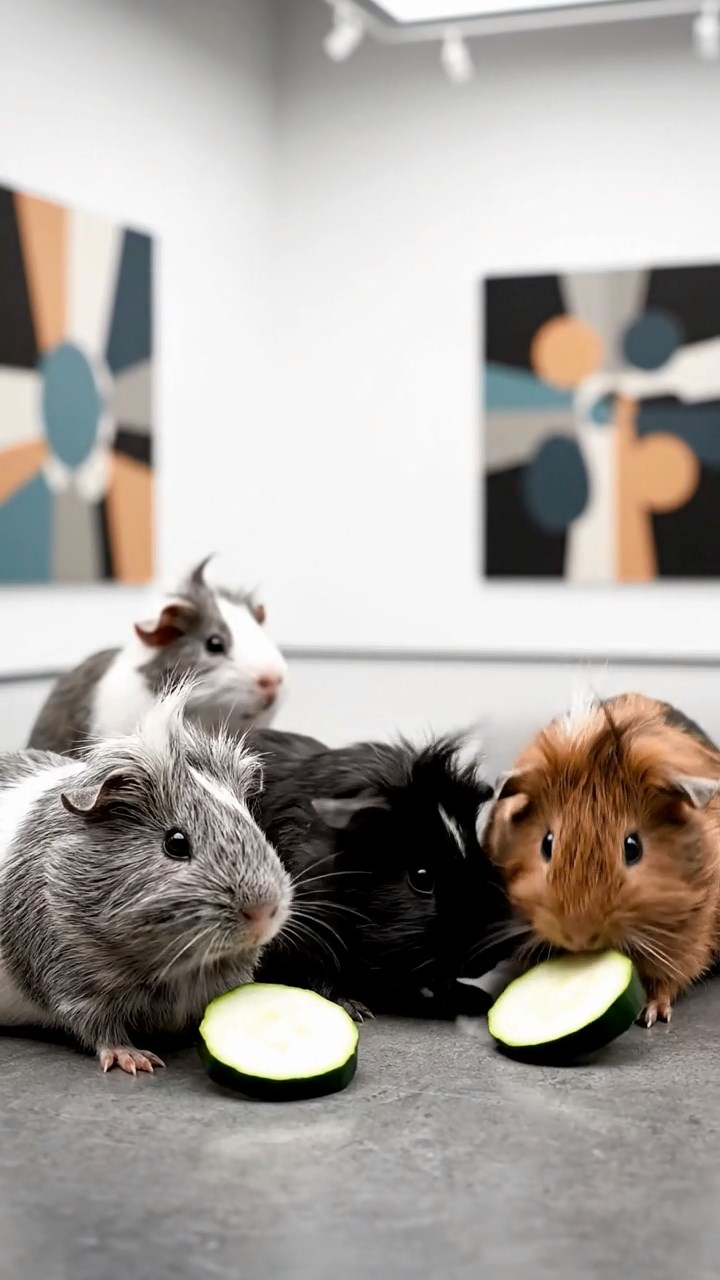 2119. Realistic image of 4 smooth haired White Crested guinea pigs with gray. black. and brown fur. eating zucchini slices. inside a sleek modern gallery space with abstract artworks.