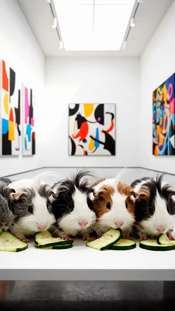 2119. Realistic image of 4 smooth haired White Crested guinea pigs with gray. black. and brown fur. eating zucchini slices. inside a sleek modern gallery space with abstract artworks.