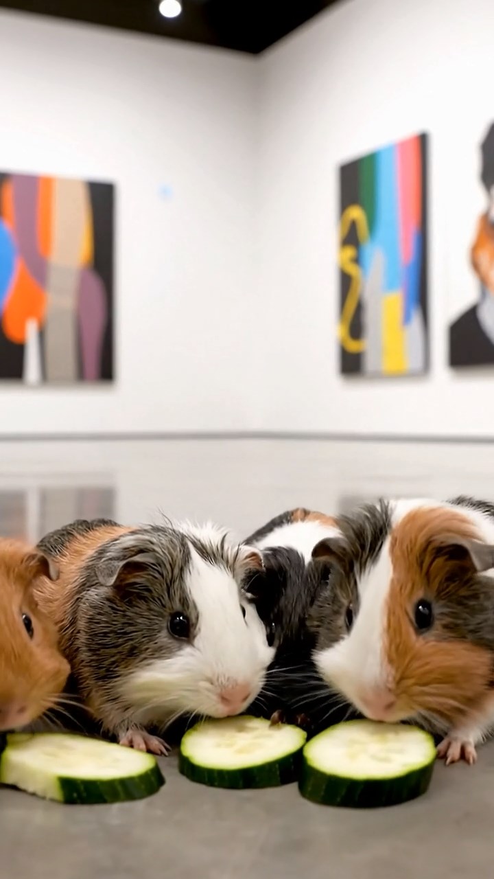 2119. Realistic image of 4 smooth haired White Crested guinea pigs with gray. black. and brown fur. eating zucchini slices. inside a sleek modern gallery space with abstract artworks.
