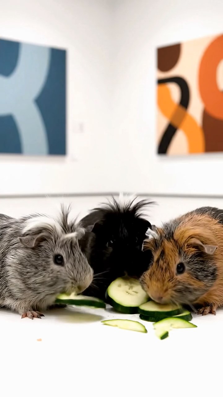 2119. Realistic image of 4 smooth haired White Crested guinea pigs with gray. black. and brown fur. eating zucchini slices. inside a sleek modern gallery space with abstract artworks.