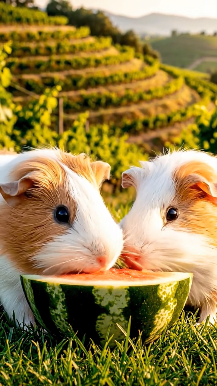 2120. Highly detailed view of 2 smooth haired Skinny guinea pigs in cream and fawn colors. nibbling on watermelon rind. on a rolling vineyard hillside with grapevines and terraced fields.