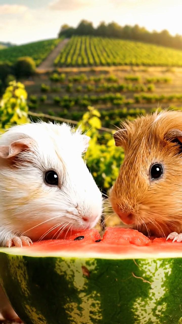 2120. Highly detailed view of 2 smooth haired Skinny guinea pigs in cream and fawn colors. nibbling on watermelon rind. on a rolling vineyard hillside with grapevines and terraced fields.