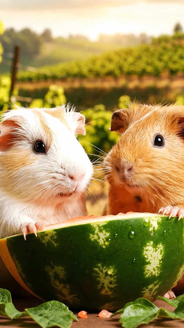 2120. Highly detailed view of 2 smooth haired Skinny guinea pigs in cream and fawn colors. nibbling on watermelon rind. on a rolling vineyard hillside with grapevines and terraced fields.