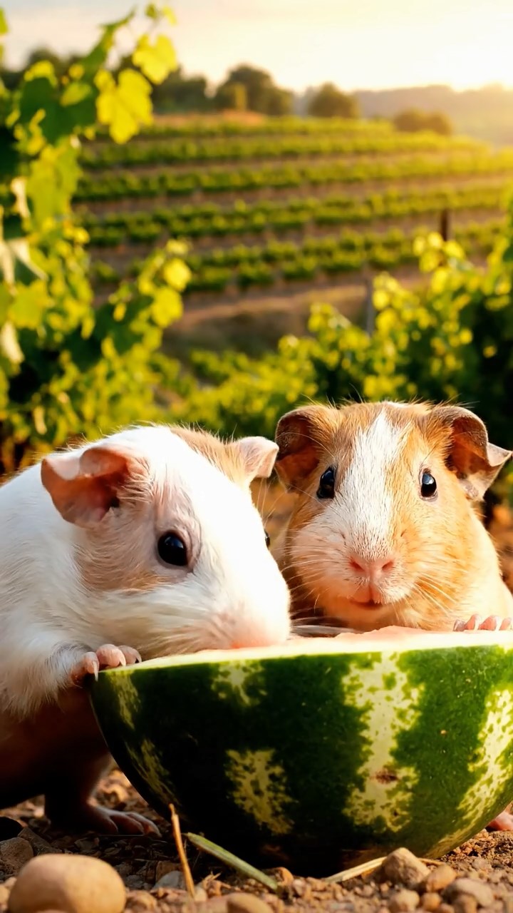 2120. Highly detailed view of 2 smooth haired Skinny guinea pigs in cream and fawn colors. nibbling on watermelon rind. on a rolling vineyard hillside with grapevines and terraced fields.
