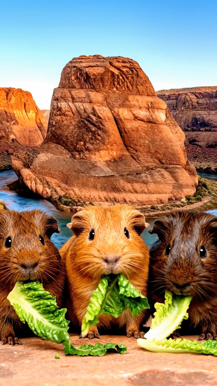 2121. Photorealistic scene of 3 smooth haired American guinea pigs with chocolate. cinnamon. and sable fur. chewing on romaine lettuce. in a dramatic rocky canyon with layered strata and a flowing river.