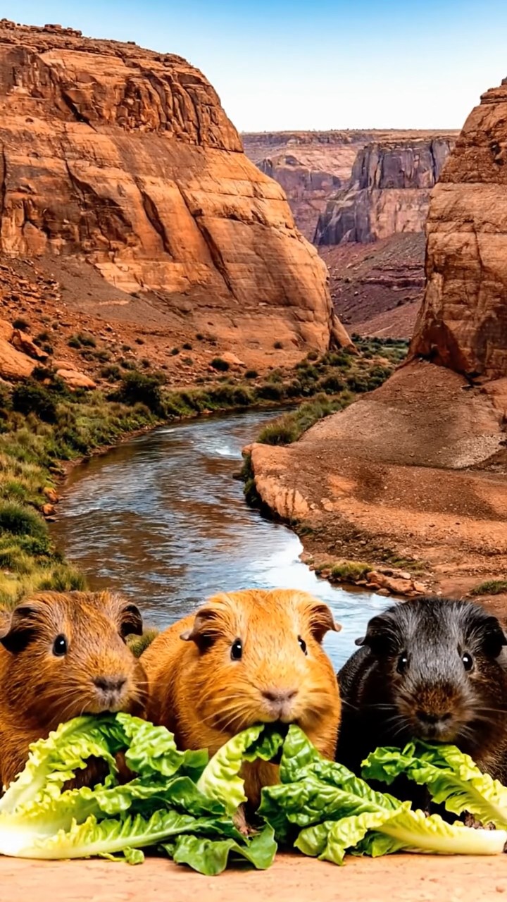 2121. Photorealistic scene of 3 smooth haired American guinea pigs with chocolate. cinnamon. and sable fur. chewing on romaine lettuce. in a dramatic rocky canyon with layered strata and a flowing river.