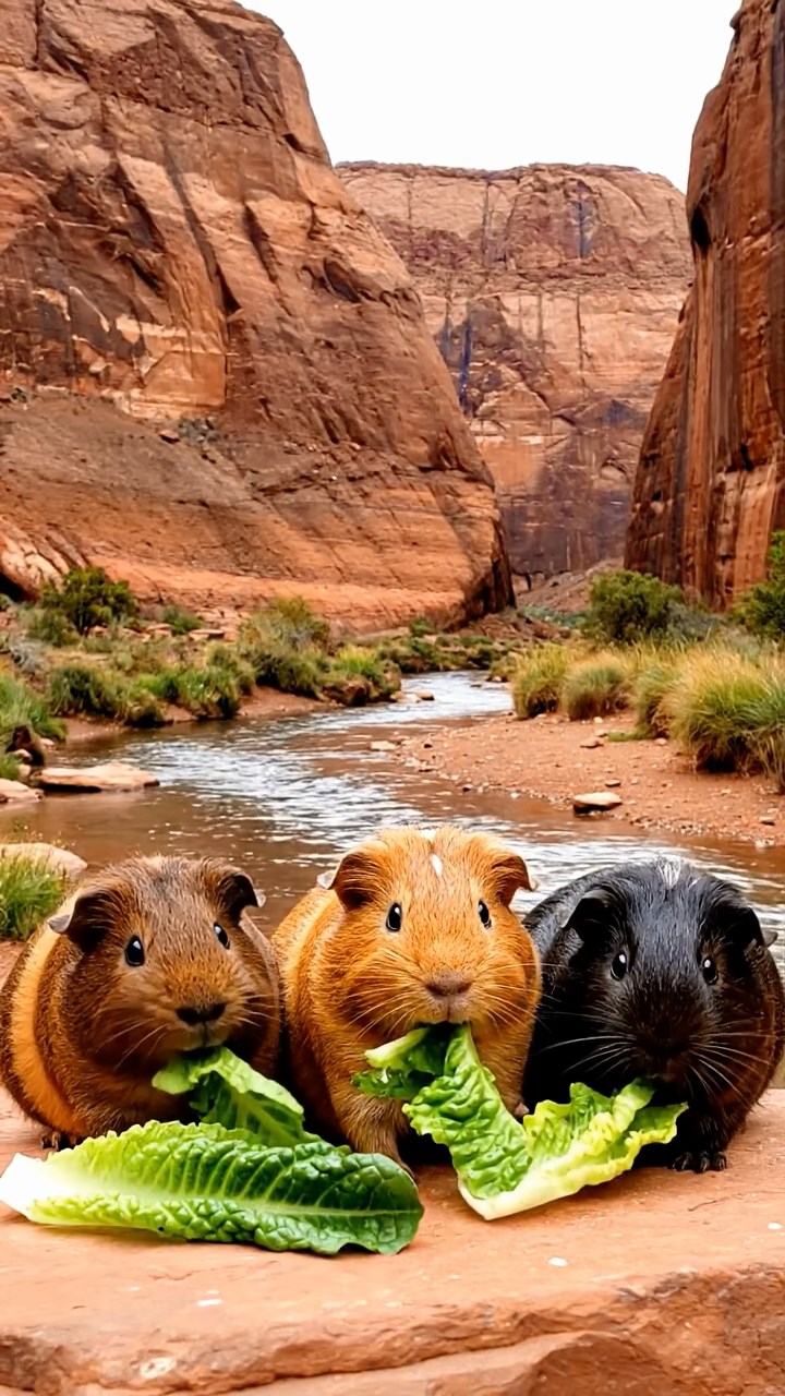 2121. Photorealistic scene of 3 smooth haired American guinea pigs with chocolate. cinnamon. and sable fur. chewing on romaine lettuce. in a dramatic rocky canyon with layered strata and a flowing river.