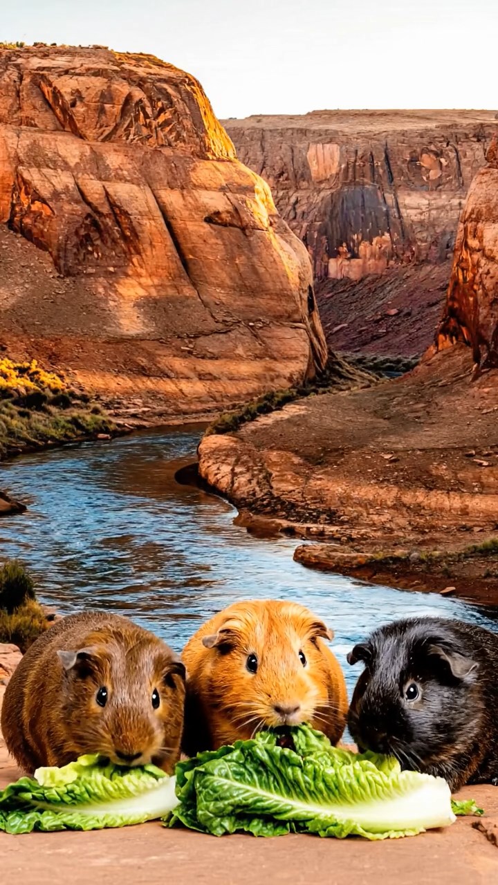 2121. Photorealistic scene of 3 smooth haired American guinea pigs with chocolate. cinnamon. and sable fur. chewing on romaine lettuce. in a dramatic rocky canyon with layered strata and a flowing river.