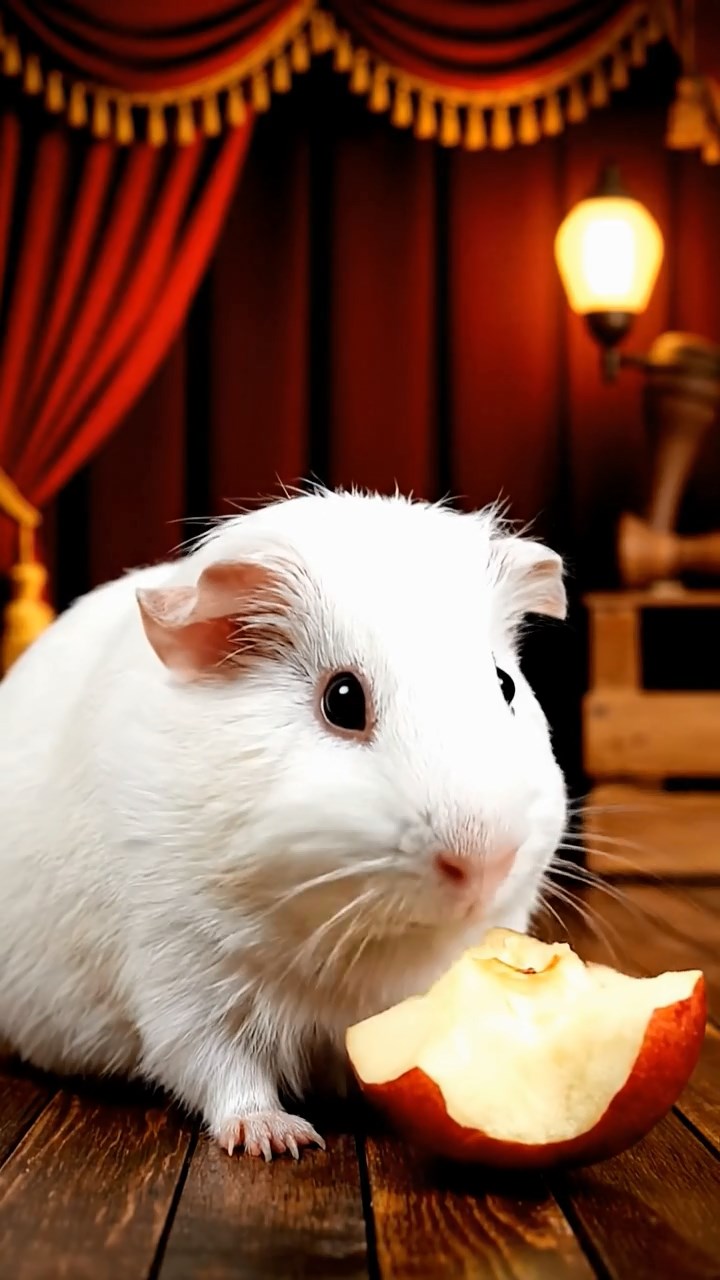 2122. Realistic depiction of 1 smooth haired Abyssinian guinea pig with white fur. munching on apple cores. on a lavish theater stage wing with velvet curtains and props.