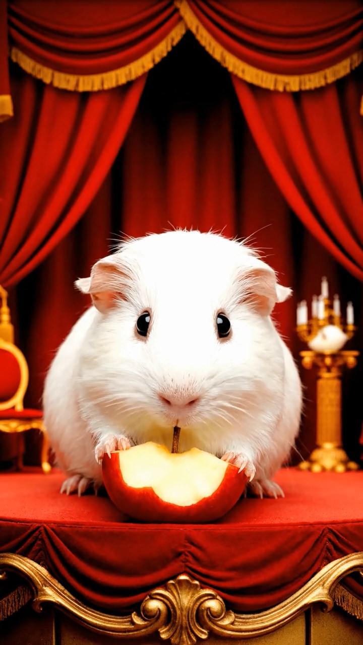 2122. Realistic depiction of 1 smooth haired Abyssinian guinea pig with white fur. munching on apple cores. on a lavish theater stage wing with velvet curtains and props.