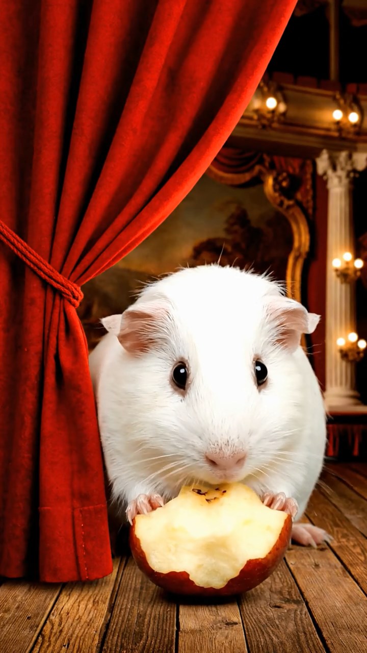 2122. Realistic depiction of 1 smooth haired Abyssinian guinea pig with white fur. munching on apple cores. on a lavish theater stage wing with velvet curtains and props.