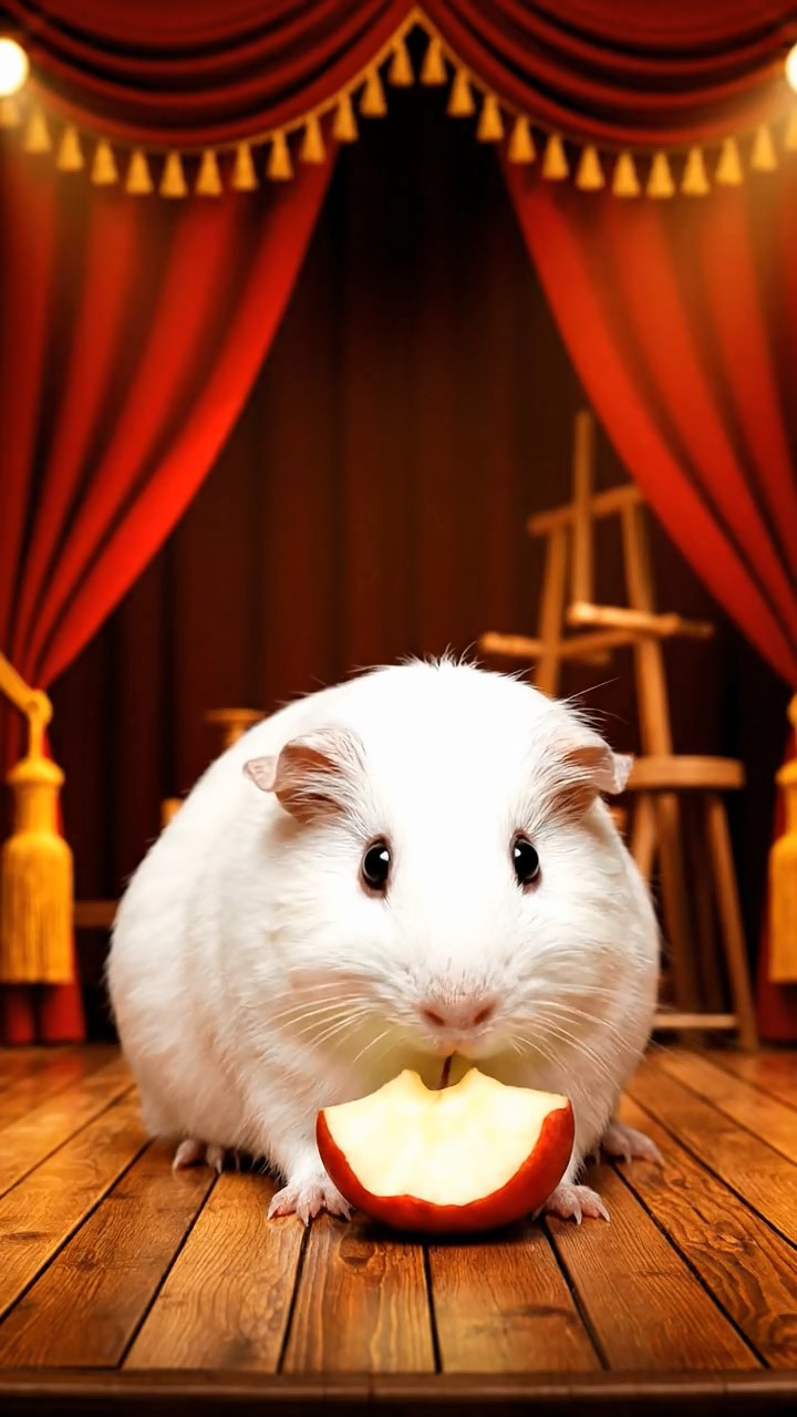 2122. Realistic depiction of 1 smooth haired Abyssinian guinea pig with white fur. munching on apple cores. on a lavish theater stage wing with velvet curtains and props.