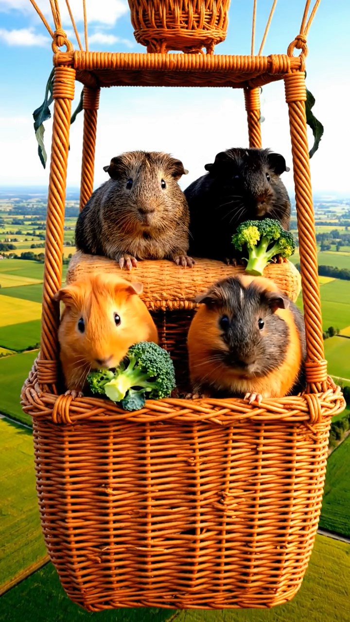 2123. Detailed photo of 4 smooth haired Peruvian guinea pigs featuring orange. gray. and black coats. sharing broccoli florets. inside a soaring balloon basket over patchwork farmlands.