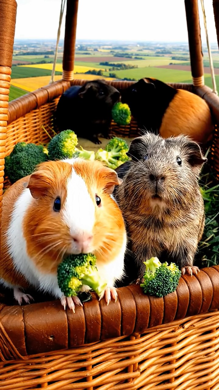 2123. Detailed photo of 4 smooth haired Peruvian guinea pigs featuring orange. gray. and black coats. sharing broccoli florets. inside a soaring balloon basket over patchwork farmlands.