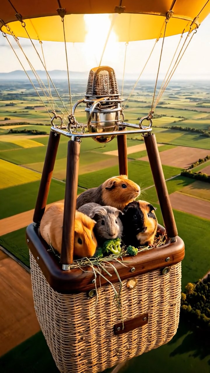 2123. Detailed photo of 4 smooth haired Peruvian guinea pigs featuring orange. gray. and black coats. sharing broccoli florets. inside a soaring balloon basket over patchwork farmlands.