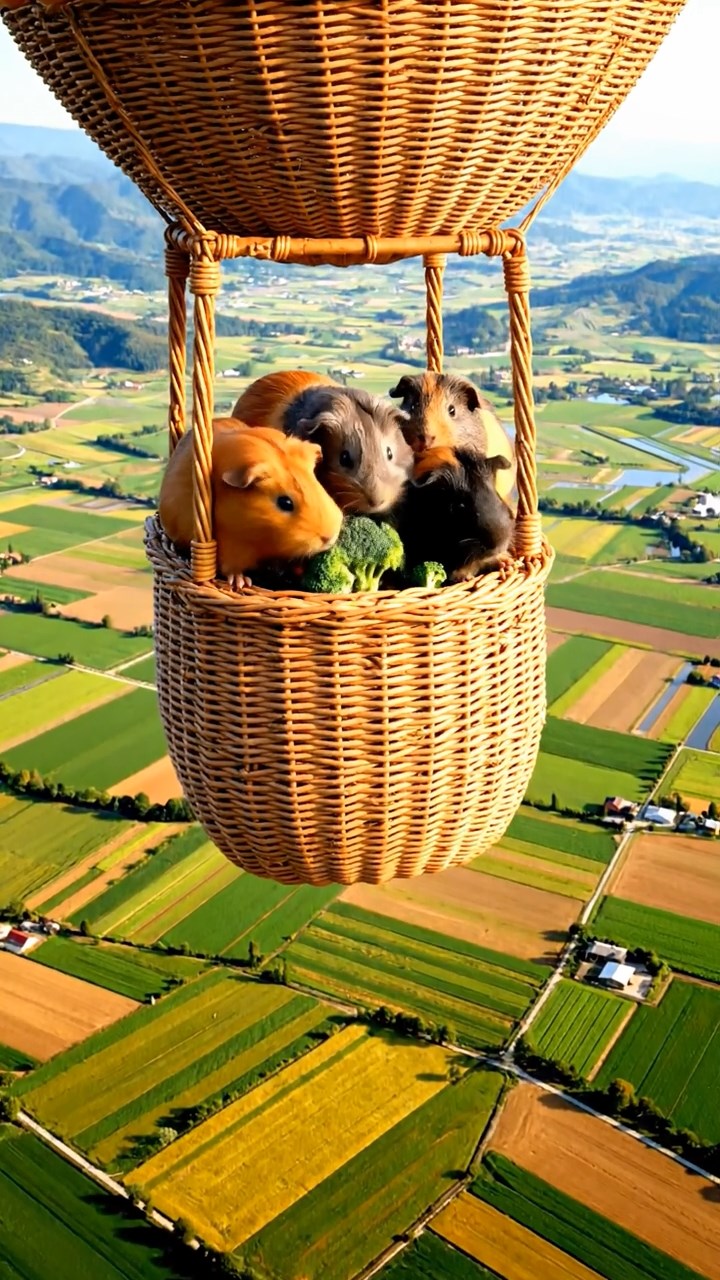 2123. Detailed photo of 4 smooth haired Peruvian guinea pigs featuring orange. gray. and black coats. sharing broccoli florets. inside a soaring balloon basket over patchwork farmlands.