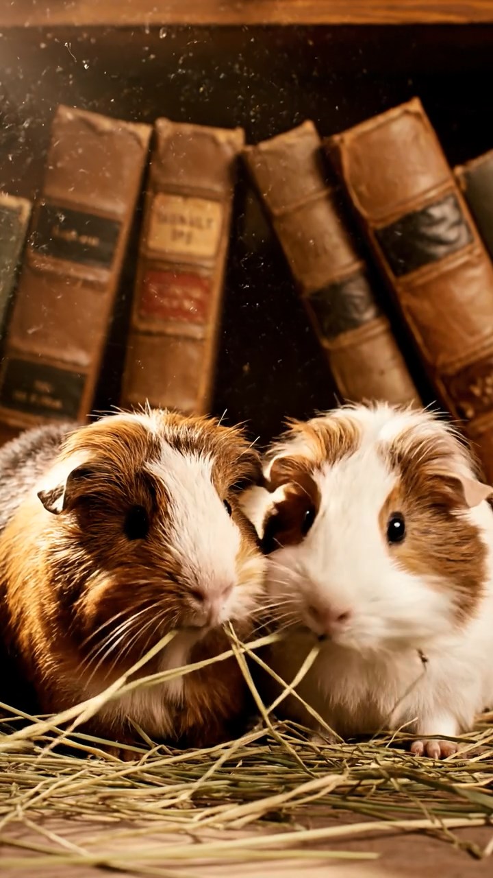 2124. Photorealistic image of 2 smooth haired Silkie guinea pigs with brown and cream fur. eating dried orchard grass. in a dusty old library alcove with stacked leather books.