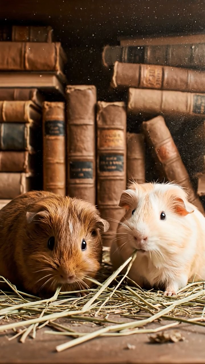 2124. Photorealistic image of 2 smooth haired Silkie guinea pigs with brown and cream fur. eating dried orchard grass. in a dusty old library alcove with stacked leather books.