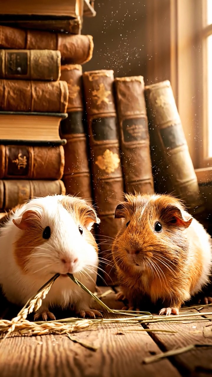 2124. Photorealistic image of 2 smooth haired Silkie guinea pigs with brown and cream fur. eating dried orchard grass. in a dusty old library alcove with stacked leather books.