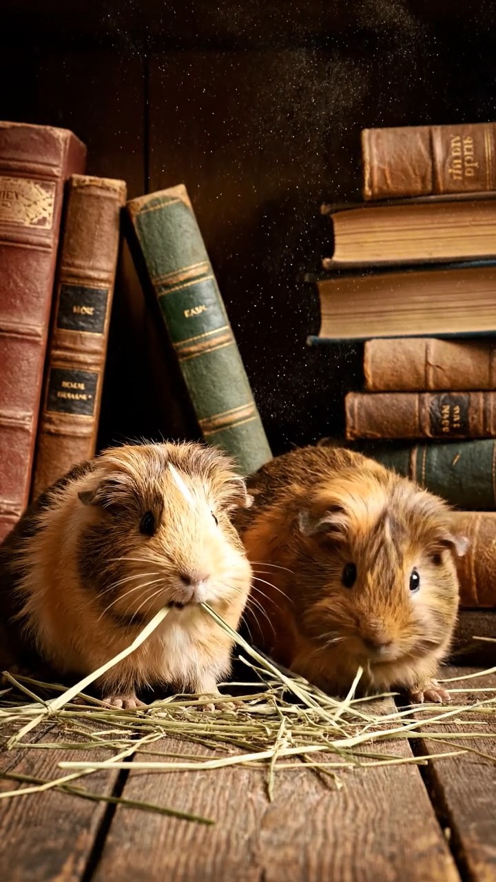 2124. Photorealistic image of 2 smooth haired Silkie guinea pigs with brown and cream fur. eating dried orchard grass. in a dusty old library alcove with stacked leather books.