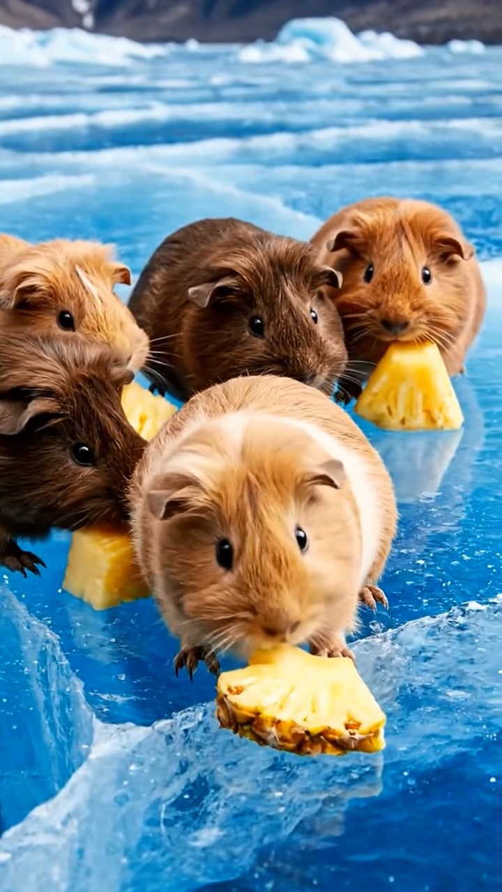 2125. Realistic scene of 5 smooth haired Teddy guinea pigs in fawn. chocolate. and cinnamon colors. nibbling on pineapple chunks. on a cracking blue glacier surface with deep crevasses.