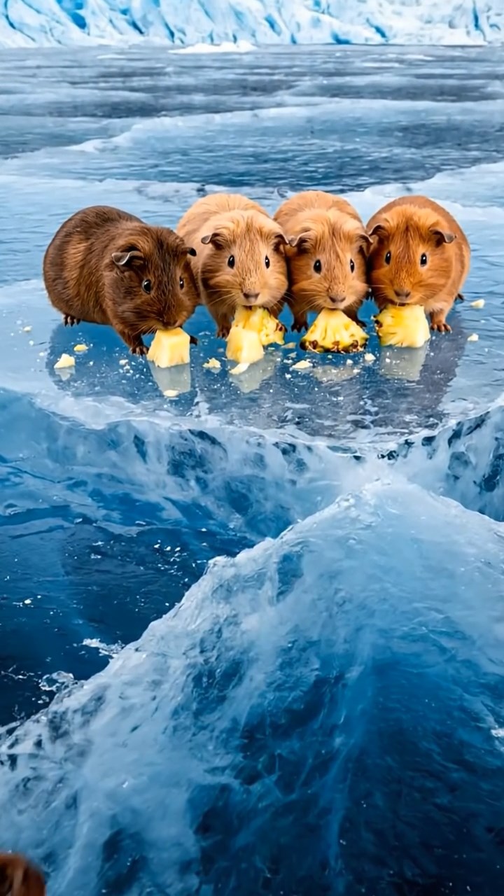 2125. Realistic scene of 5 smooth haired Teddy guinea pigs in fawn. chocolate. and cinnamon colors. nibbling on pineapple chunks. on a cracking blue glacier surface with deep crevasses.