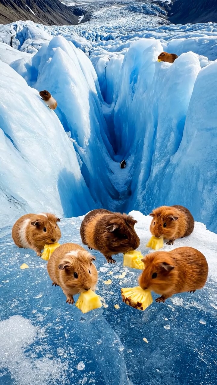 2125. Realistic scene of 5 smooth haired Teddy guinea pigs in fawn. chocolate. and cinnamon colors. nibbling on pineapple chunks. on a cracking blue glacier surface with deep crevasses.
