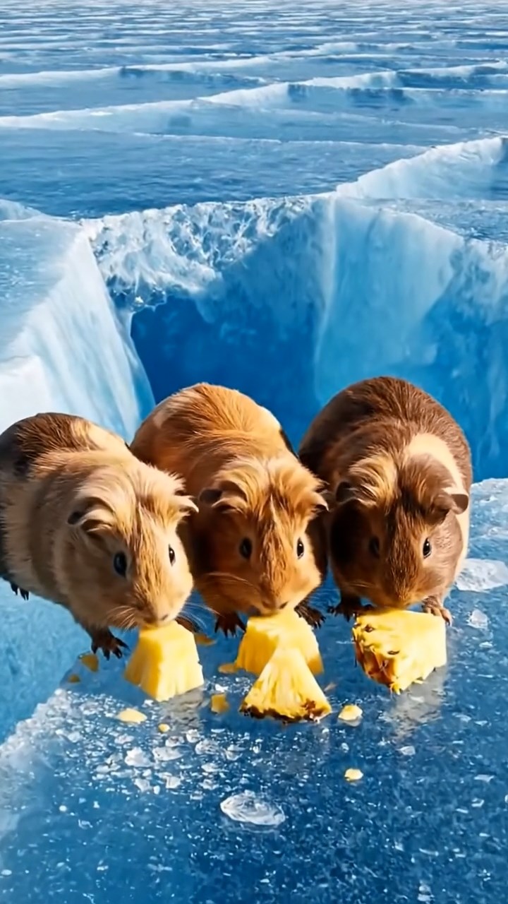 2125. Realistic scene of 5 smooth haired Teddy guinea pigs in fawn. chocolate. and cinnamon colors. nibbling on pineapple chunks. on a cracking blue glacier surface with deep crevasses.