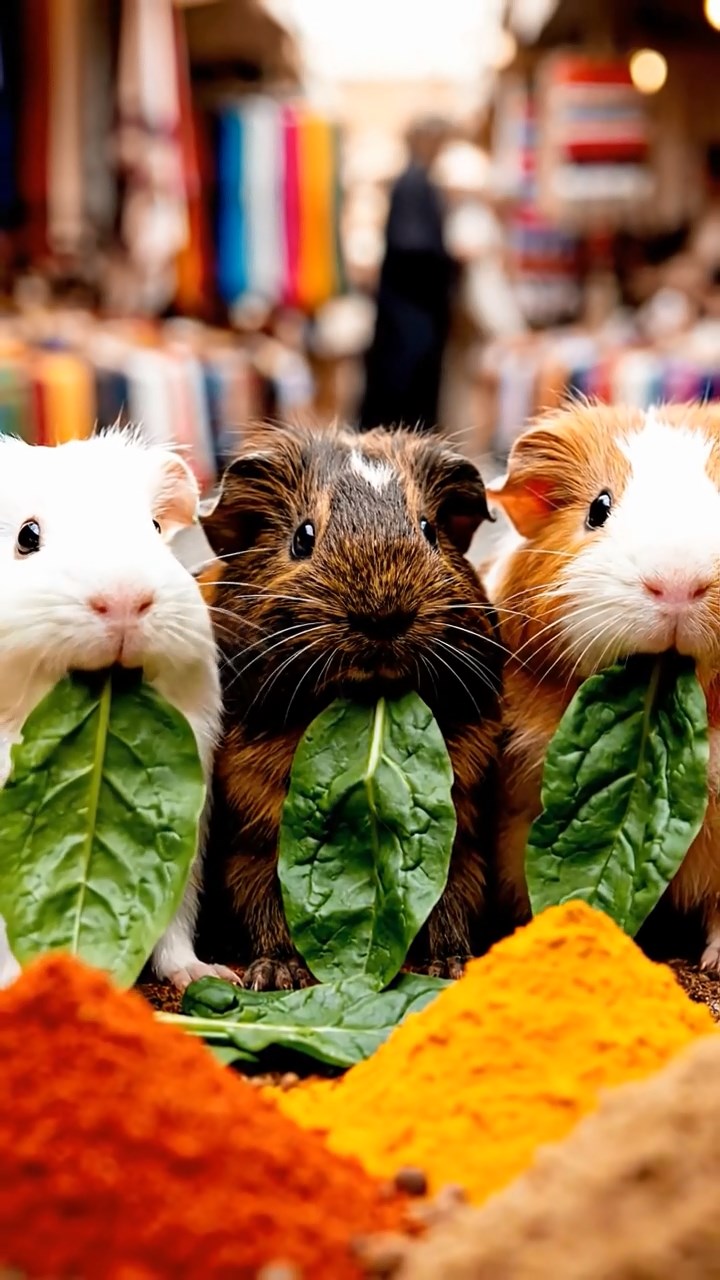 2126. Highly detailed view of 3 smooth haired Texel guinea pigs with sable. white. and orange fur. chewing on spinach. at a lively outdoor bazaar with spice piles and vendors.