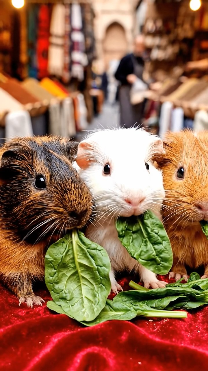 2126. Highly detailed view of 3 smooth haired Texel guinea pigs with sable. white. and orange fur. chewing on spinach. at a lively outdoor bazaar with spice piles and vendors.
