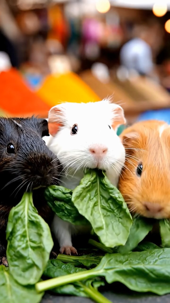 2126. Highly detailed view of 3 smooth haired Texel guinea pigs with sable. white. and orange fur. chewing on spinach. at a lively outdoor bazaar with spice piles and vendors.