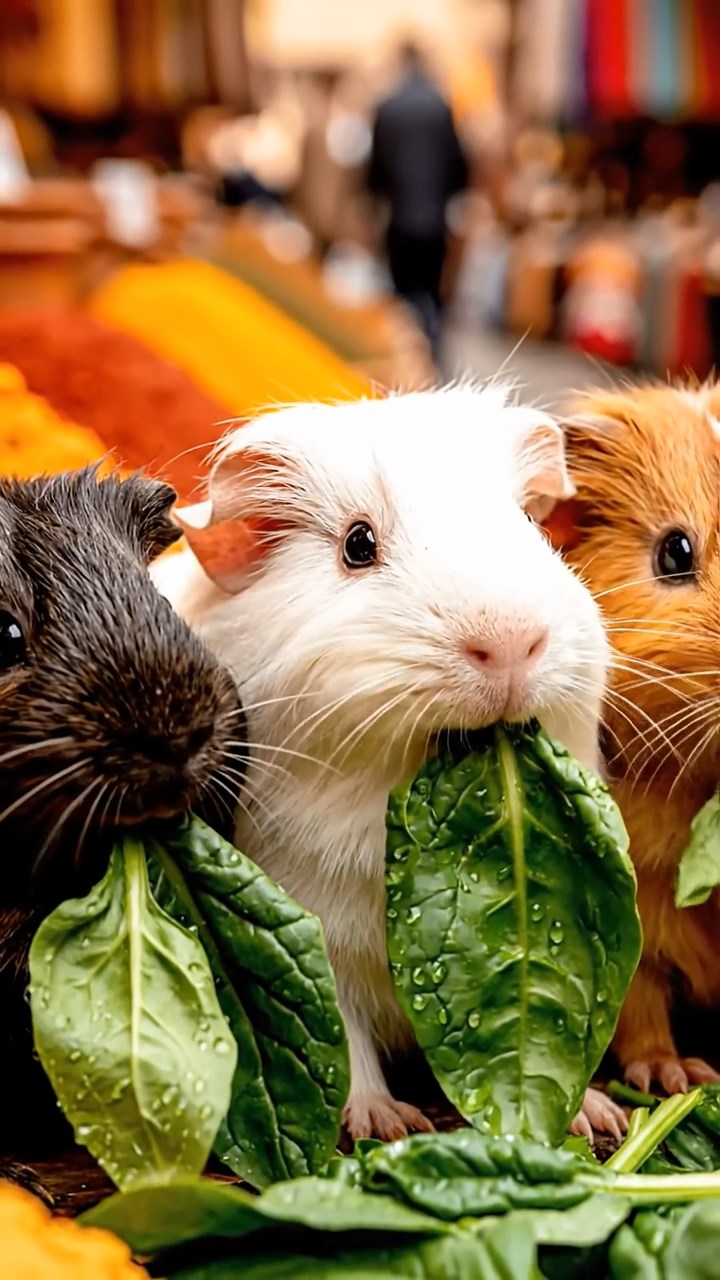 2126. Highly detailed view of 3 smooth haired Texel guinea pigs with sable. white. and orange fur. chewing on spinach. at a lively outdoor bazaar with spice piles and vendors.