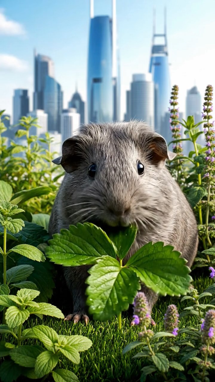 2127. Photorealistic photo of 1 smooth haired Rex guinea pig with gray fur. munching on strawberry leaves. on a sustainable roof garden with herbs and city horizons.