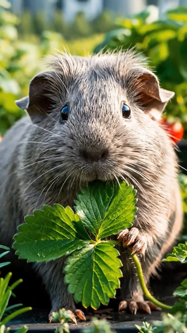 2127. Photorealistic photo of 1 smooth haired Rex guinea pig with gray fur. munching on strawberry leaves. on a sustainable roof garden with herbs and city horizons.